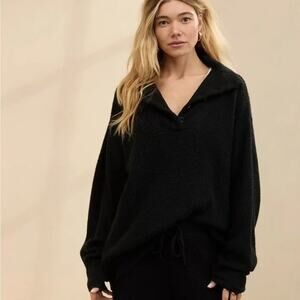 Aerie CozyUp Oversized Long Sleeve Waffle Henley Button Polo Sweater Black M